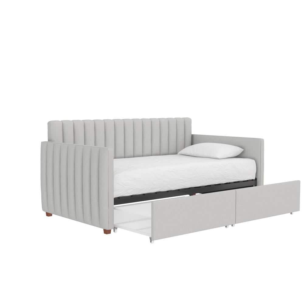 Twin Gray Linen Upholstered Daybed with Storage Drawers