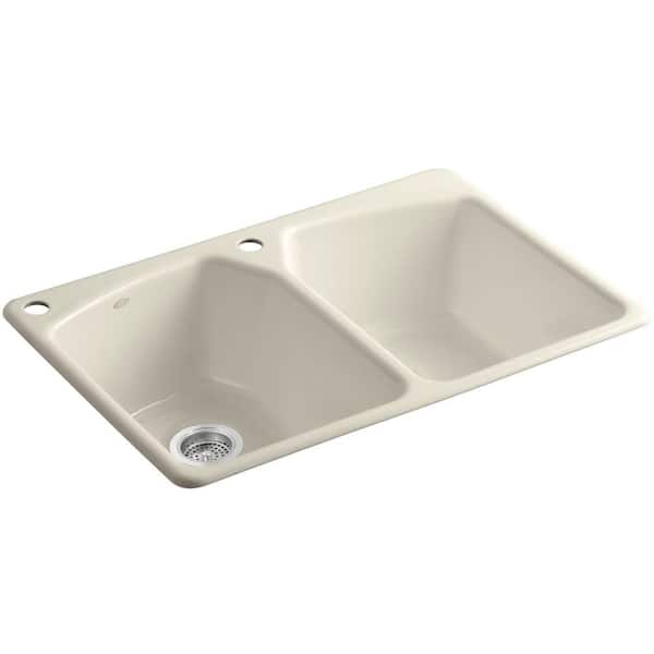 KOHLER Tanager Drop-in Cast-Iron 33 in. 2-Hole Double Bowl Kitchen Sink in Almond