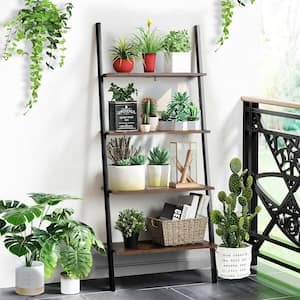 Ladder Shelf 4-Tier Leaning Wall Bookcase Rustic Brown Wood Plant Stand