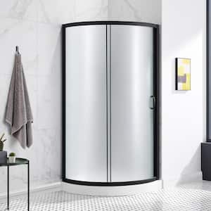 Breeze 36 in. L x 36 in. W x 77 in. H Corner Shower Kit with Frosted Framed Sliding Door in Black and Shower Pan