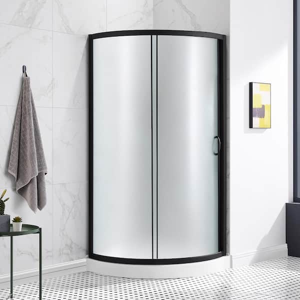 Breeze 36 in. L x 36 in. W x 77 in. H Corner Shower Kit with Frosted Framed Sliding Door in Black and Shower Pan