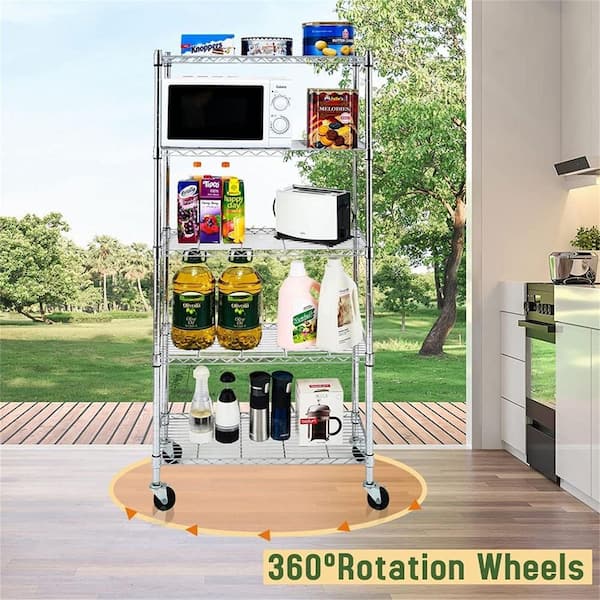 Tileon 4-Shelf Iron Pantry Organizer with Wheels in Silver, Adjustable Heavy-Duty Storage Shelves for Kitchen