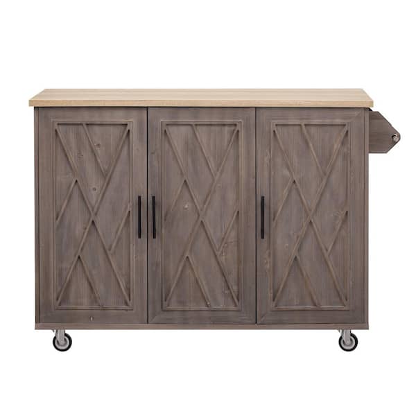 Zeus & Ruta Brown Wood 51.2 in. W Rolling Kitchen Island with Drop Leaf, Internal Storage Rack and Three Doors