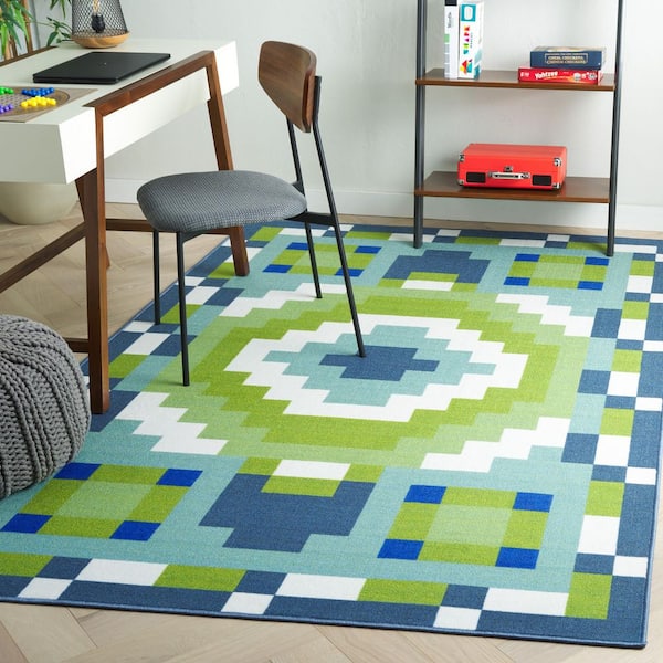 Digital Artifact Blue/Green 5 ft. x 7 ft. Machine Washable Geometric Medallion Area Rug