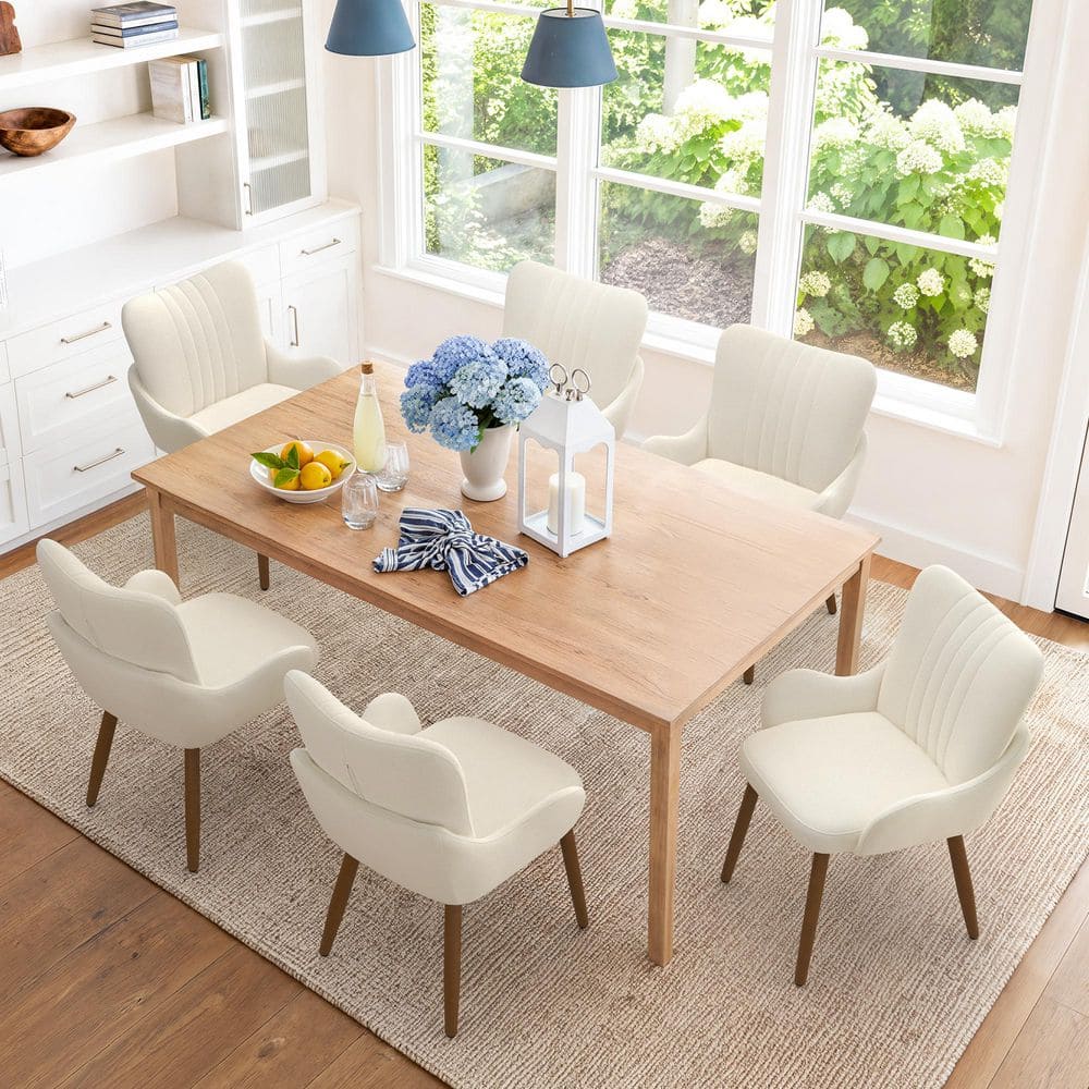 Annelly Ivory Linen-Look Fabric Upholstered Wooden Legs Dining Chairs Set of 6 price history on PriceWatchPro