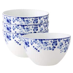 Bloomington Road 6 in., 29.5 fl. oz. (White and Blue) Porcelain Cereal Bowls, (Set of 4)