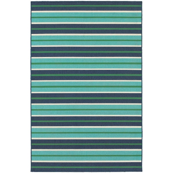 Trolley Aqua/Navy 8 ft. x 11 ft. Indoor/Outdoor Patio Area Rug