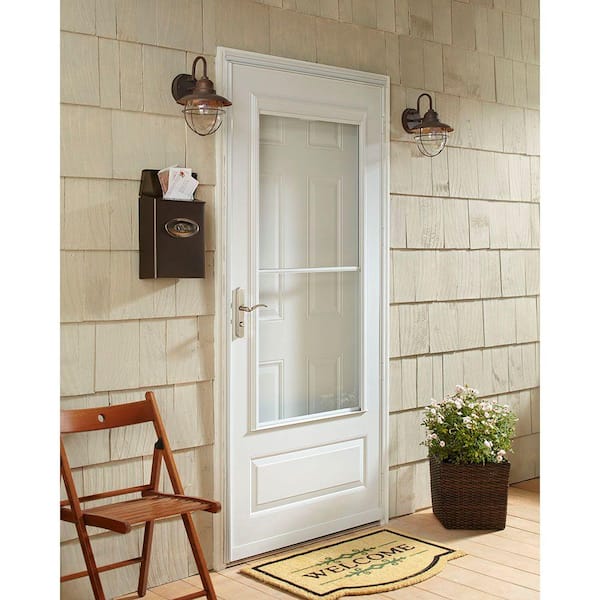 400 Series 32 in. x 80 in. White Universal 3/4 Light Retractable Aluminum Storm Door with Brass Hardware