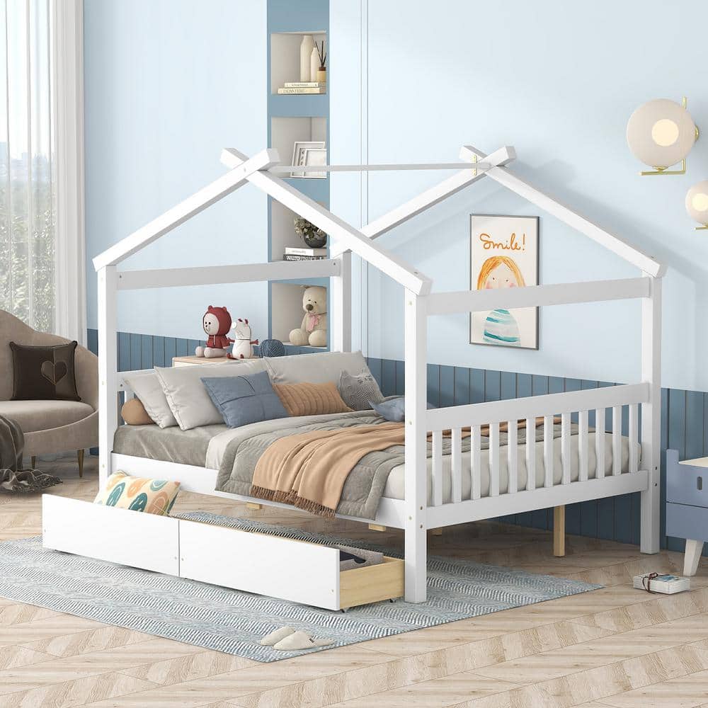 Harper & Bright Designs White Full Size Wood House Bed, Kids Bed with 2 ...