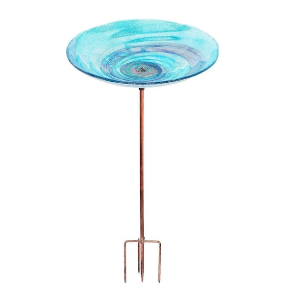 26 in. H x 11.4 in. Dia Blue Glass Birdbath with Metal Stake