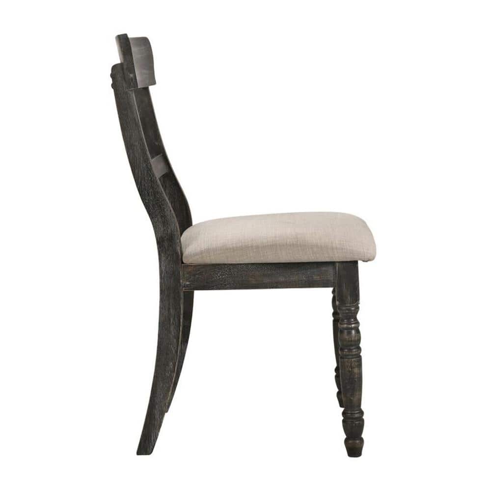 Weathered Gray Wood & Light Brown Linen Upholstered Side Chair Set