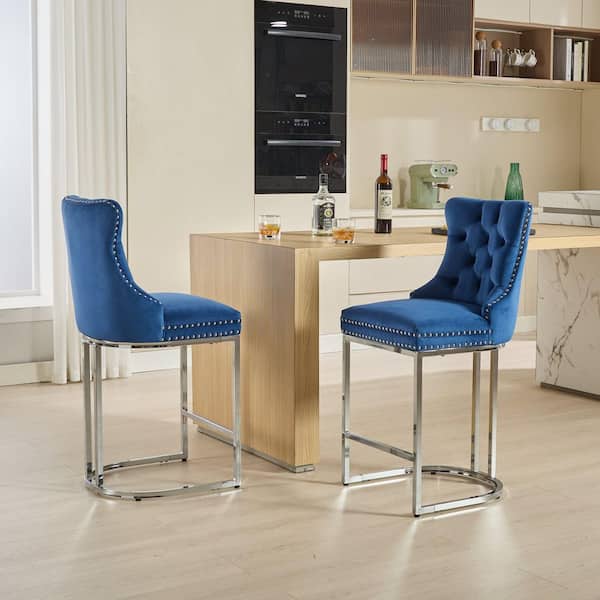 26 in. Blue Velvet Counter Height Swivel Barstools with Button Back for Kitchen & Dining Room (Set of 2)