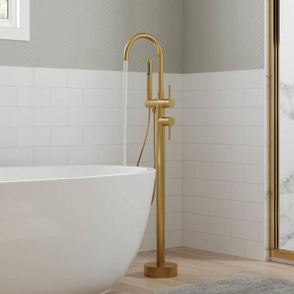 Floor Mount 2-Handle Freestanding Tub Faucet Claw Foot Tub Faucet Bathtub Filler with Hand Shower in Brushed Gold