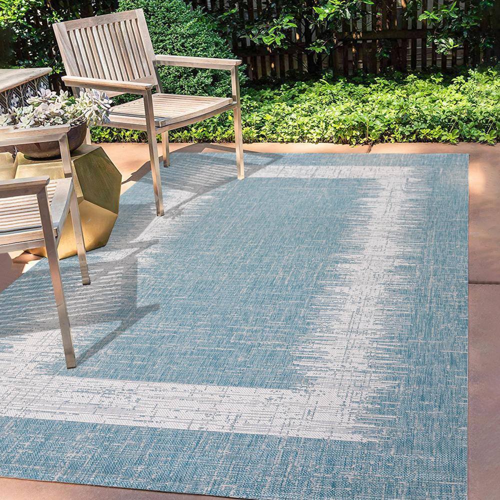 Aqua and Ivory Geometric Synthetic 3' x 5' Indoor/Outdoor Area Rug