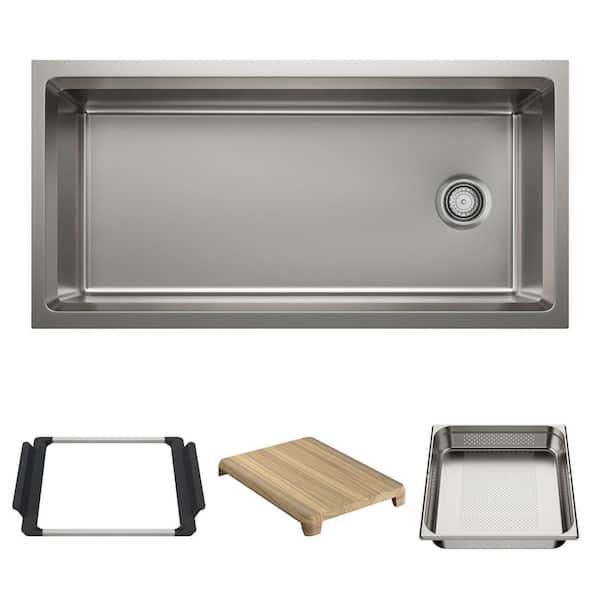 Inteos 39 in. Undermount Single Bowl Satin Polish Stainless Steel Kitchen Sink with Colander and Cutting Board