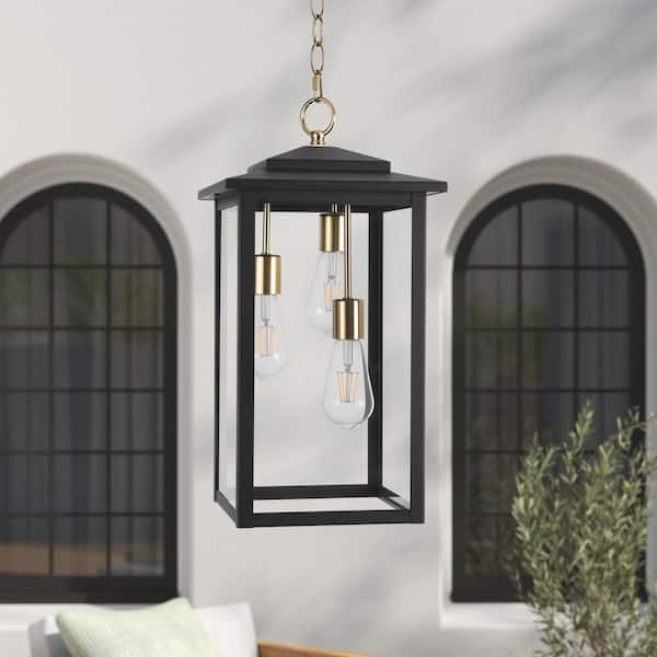 21 in. 3-Light Antique Brass Outdoor Hanging Pendant Light with Clear Glass