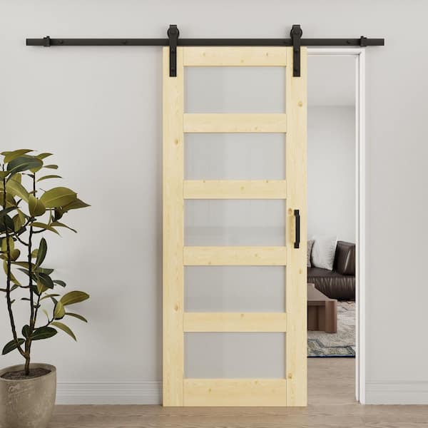 32 in. x 80 in. 5-Lite Frosted Glass Unfinished Glass Sliding Barn Door with Hardware Kit