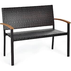 45 in. Outdoor Patio Rattan Wicker Bench with Acacia Armrest