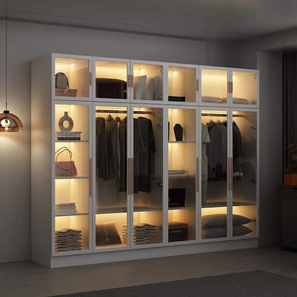FUFU GAGA White Wood 47.2 in. W Glass Doors Armoires Metal Frame Wardwore with LED Lights Hanging Rod 74.8 in. H x 19.2 in. D KF020318 034 The Home Depot