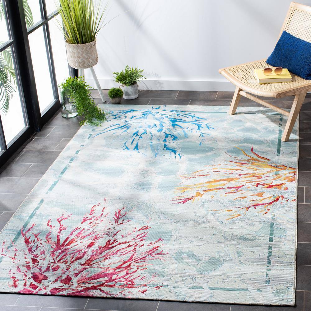 Barbados Teal and White Synthetic Outdoor Rug