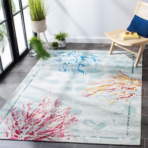 Barbados Teal/White 4 ft. x 6 ft. Border Nautical Indoor/Outdoor Patio  Area Rug
