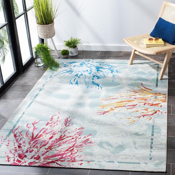 Barbados Teal/White 5 ft. x 5 ft. Square Border Nautical Indoor/Outdoor Area Rug