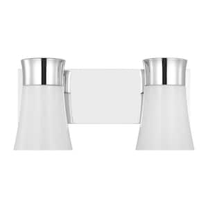 Roy 14.5 in. 2-Light Chrome Medium Vanity Light with Milk Glass Shades