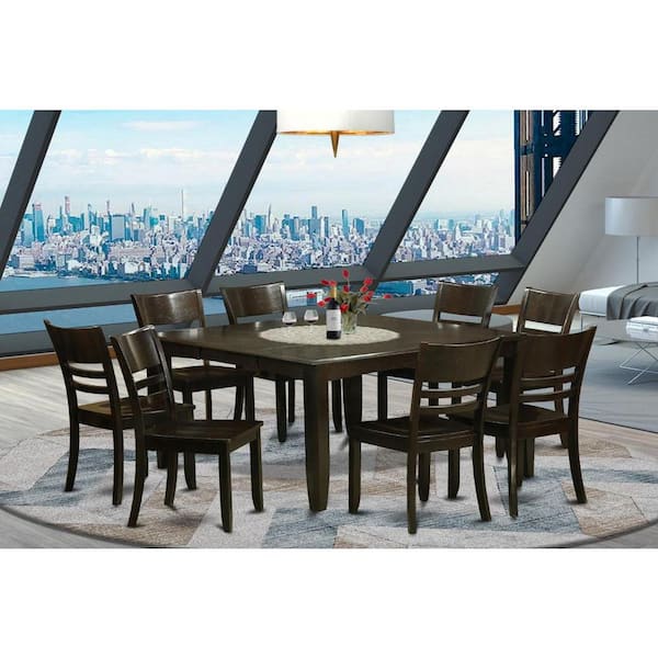 East West Furniture 9-Piece Square Cappuccino Finish Solid Wood Top Dining Table with 8-Chairs with Lattice Back