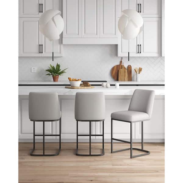 Manhattan Comfort Serena 26.37 in. Modern Light Grey Metal Counter Stool with Faux Leather Upholstered Seat (Set of 3)