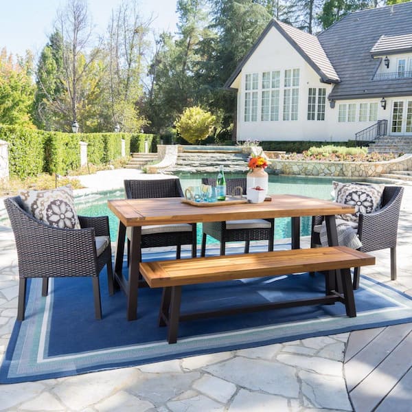Noble House Multi-Brown 6-Piece Faux Rattan, Wood and Metal Rectangular Outdoor Patio Dining Set with Beige Cushion