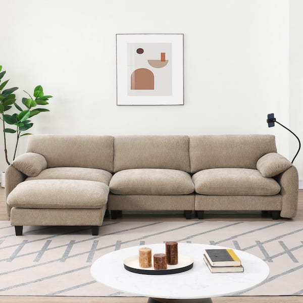 Modern 108 in. Pillow Top Arm 4-piece L-Shaped Chenille Sectional Sofa in. Khaki with Ottoman and Charging Station