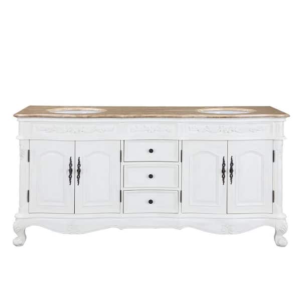 Silkroad Exclusive 72 in. W x 22 in. D Vanity in Antique White with Vanity Top in Travertine with White Basin