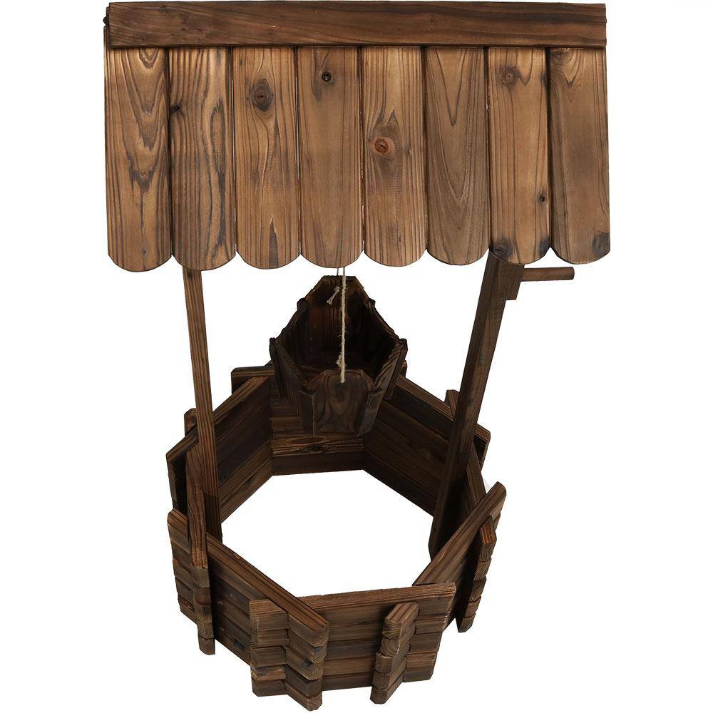 Brown Fir Wood Wishing Well Garden Planter with Hanging Bucket