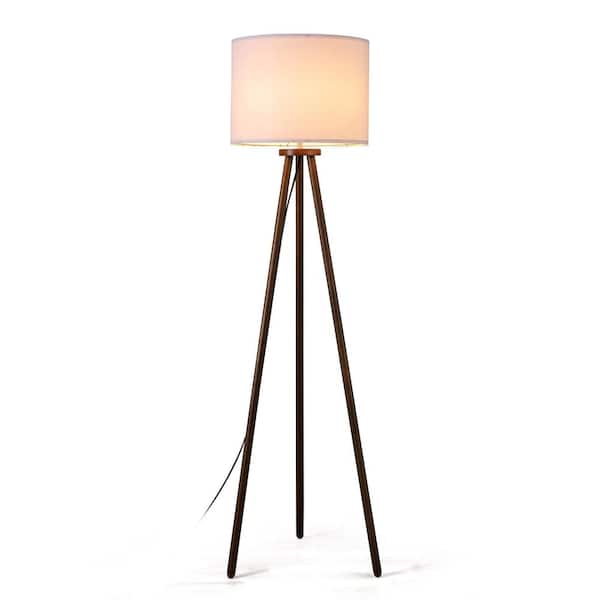 Pangea 61 in. Walnut Tripod 1-Light Floor Lamp with Solid wood Body and White Fabric Drum Shade