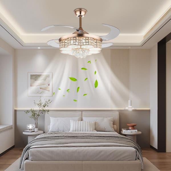 OUKANING 42 in. Indoor Gold Modern Crystal Reversible Ceiling Fan