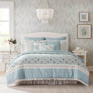 Vanessa 9-Piece Aqua Queen Cotton Percale Comforter Set