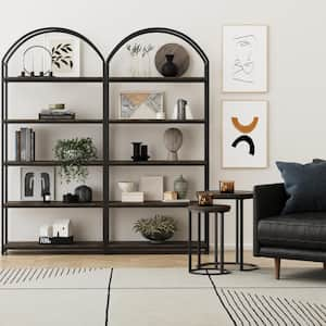 Haven 72 in. 5-Shelf Etagere Bookshelf in Wood and Metal Frame with Arch Top and Open Shelves, Nutmeg/Black, Set of 2