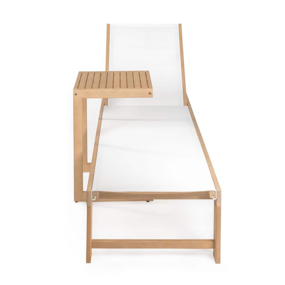 White and Light Teak Acacia Wood 3-Position Outdoor Chaise Lounge Set with Side Table