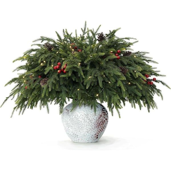 23 in. Green Christmas Artificial Norfolk Pine Branches with Lights Battery Operated Christmas Decorations 20-Piece Set