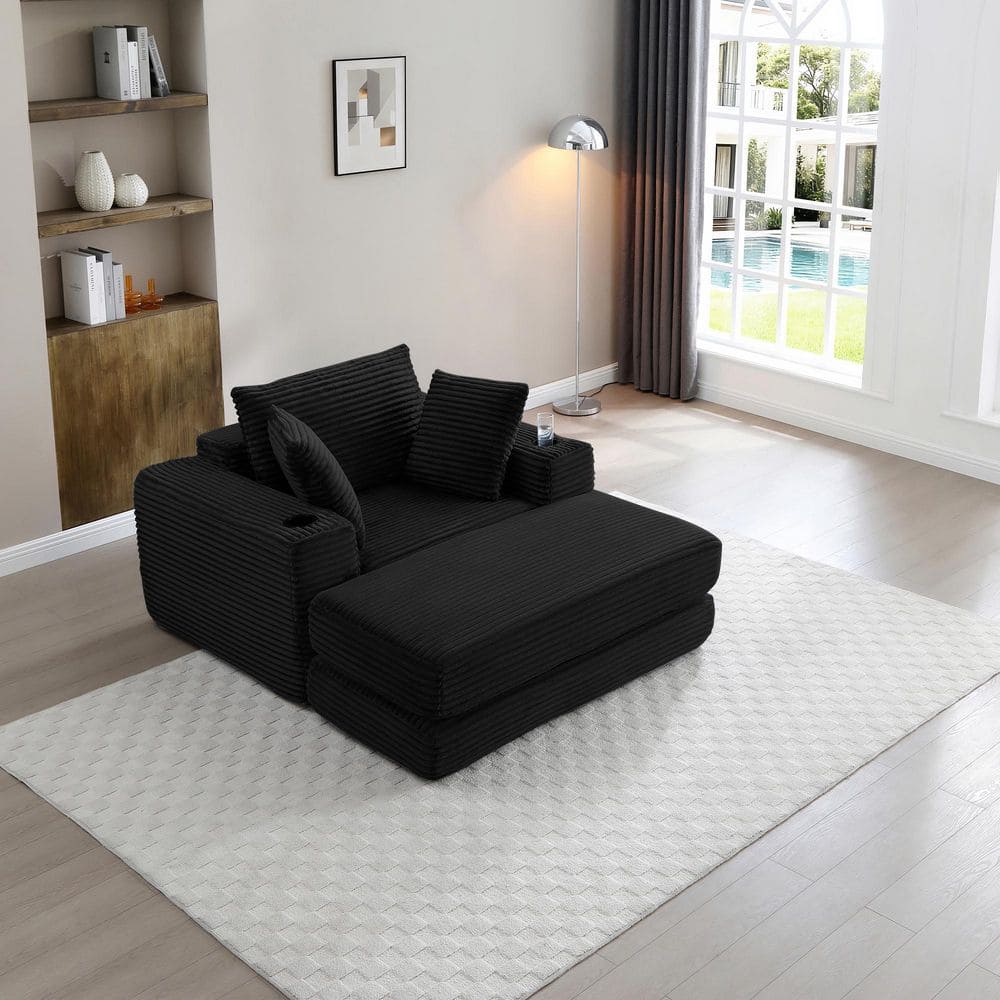 Frida Black Chenille Upholstered Modular 3-in-1 Chaise Lounge with Movable Storage Ottoman, Cup Holders, Pillows price history on PriceWatchPro