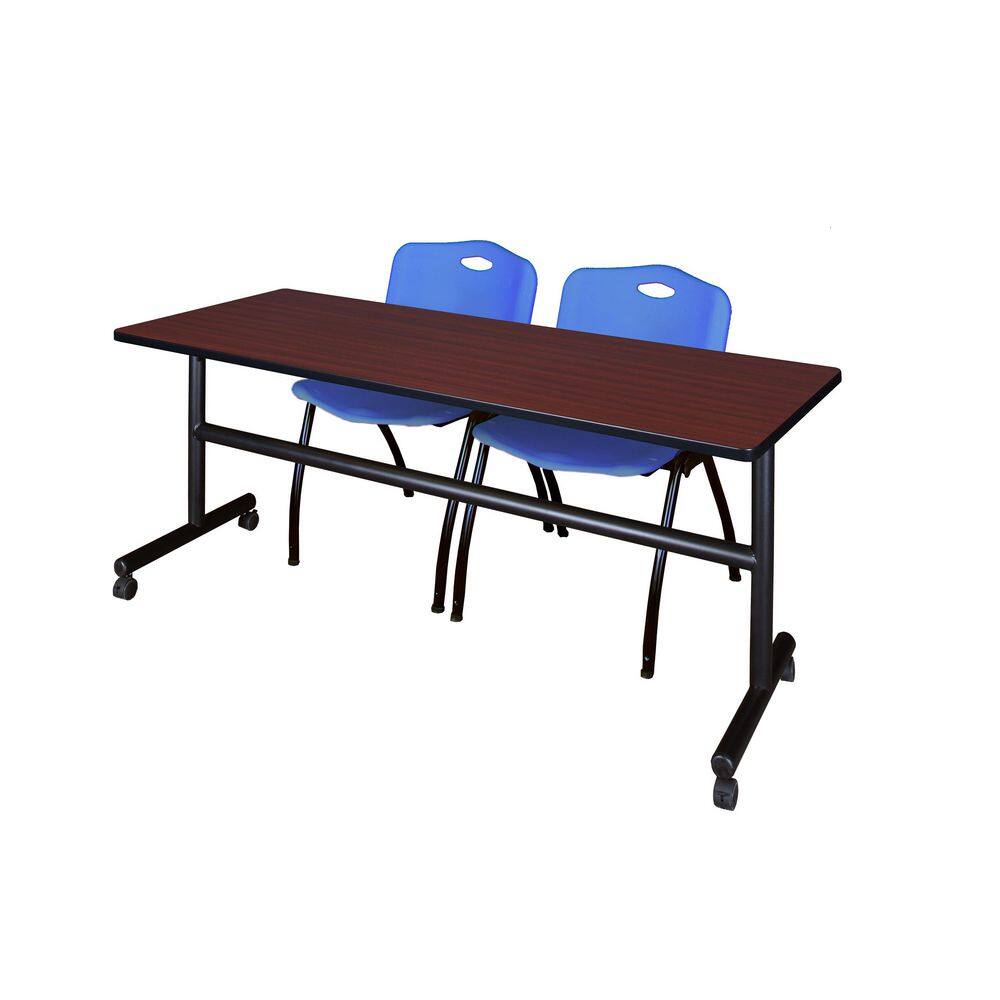 Kobe 72 in x 30 in. Mahogany Flip-Top Training Nesting Table Desk, 2 M Stack Chairs-Blue