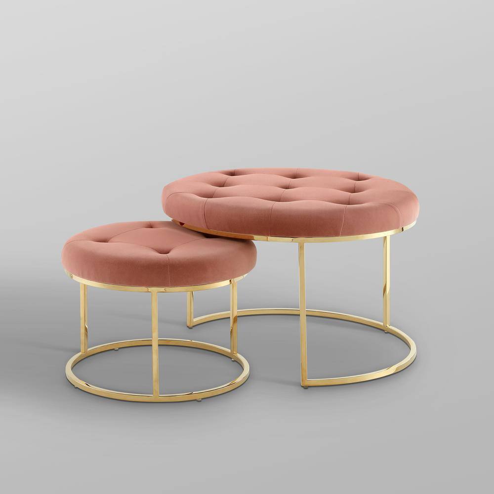 Blush Velvet Tufted Round Nesting Ottoman Set with Gold Base