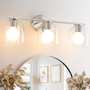 23 in. 3-Light Brushed Nickel Vanity Light with Clear Glass Shade Farmhouse Wall Sconce For Bathroom Light Fixtures