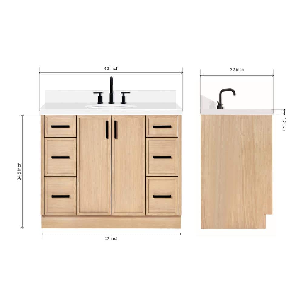 Oak Single Sink Bathroom Vanity with Pure White Quartz Top