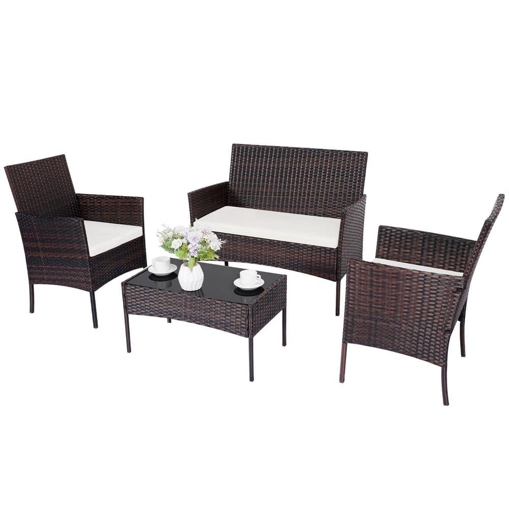 Brown 4-Piece All-Weather Wicker Patio Conversation Set with Beige Cushion and Coffee Table for Garden Backyard Poolside price history on PriceWatchPro
