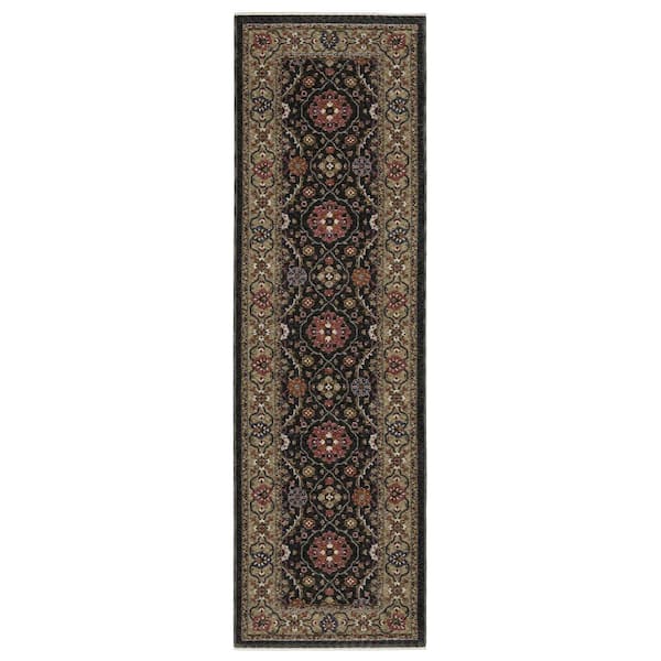 AVERLEY HOME Hunter Charcoal/Pink 2 ft. x 8 ft. Bordered Floral Oriental Polyester Fringe-Edge Indoor Runner Area Rug