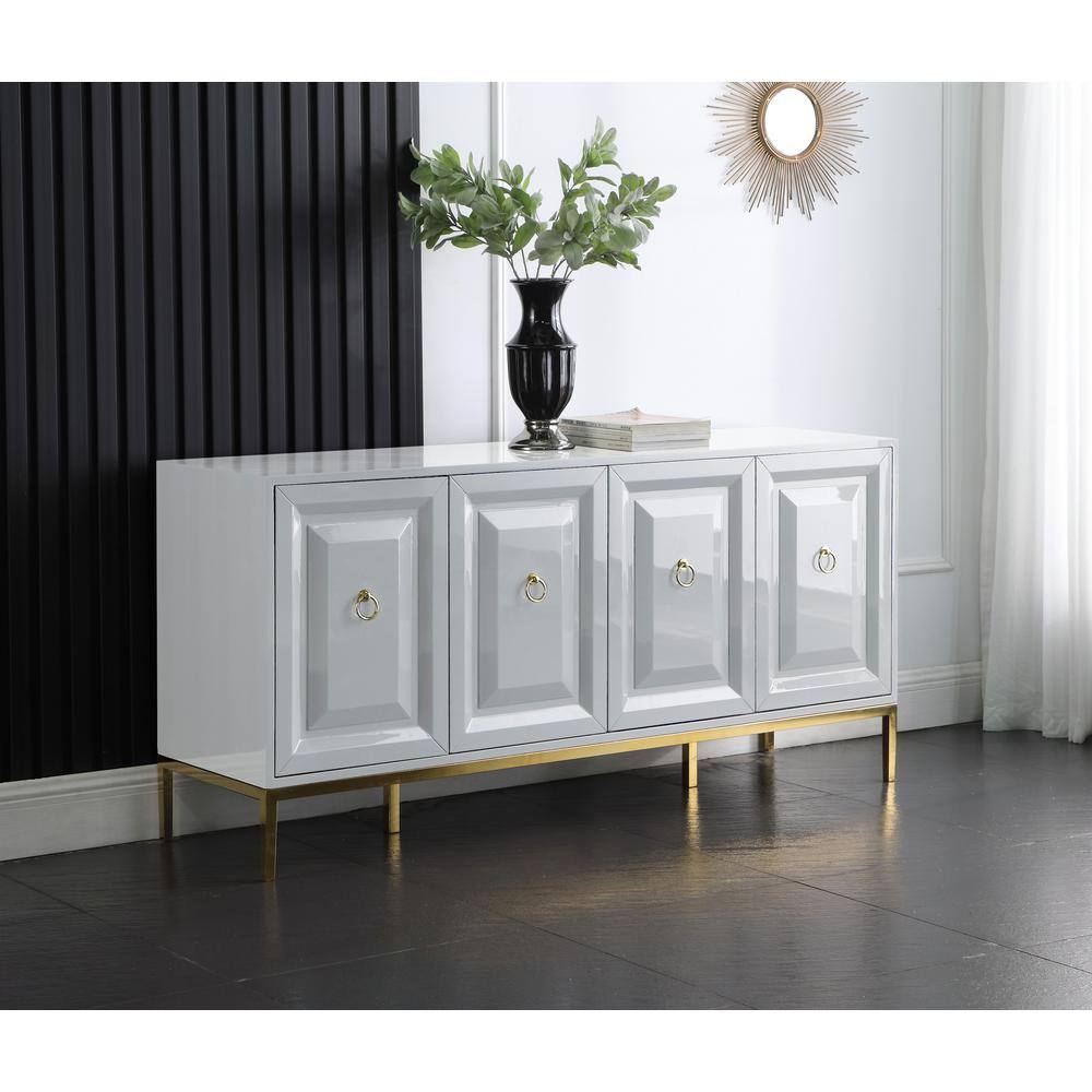 Modern White Lacquer Sideboard with Gold Accents and Soft-Close Drawers