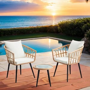 Brown 3-Piece Wicker Bistro Patio Conversation Set for Porch, Backyard and Garden with Beige Cushions