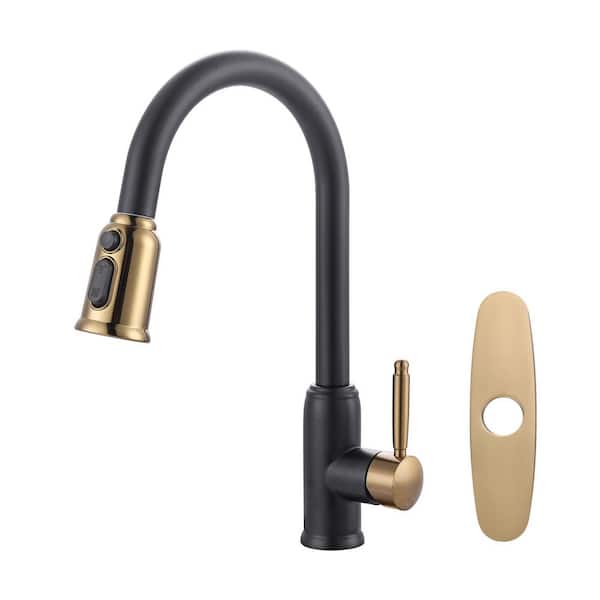 ARCORA Single Handle Pull Out Sprayer Kitchen Faucet Included Deckplate in Black and Gold