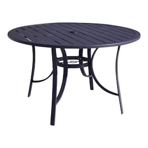 Santa Fe 48 in. Round Aluminum Dining Table with Slat Top and Umbrella Hole in Java